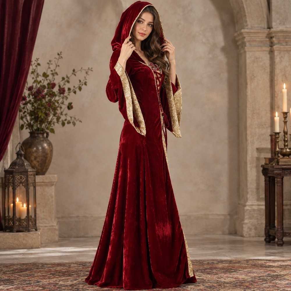 Womens Medieval Renaasaince Lace Up Velvet Hooded Dress LG Halloween Cosplay Red